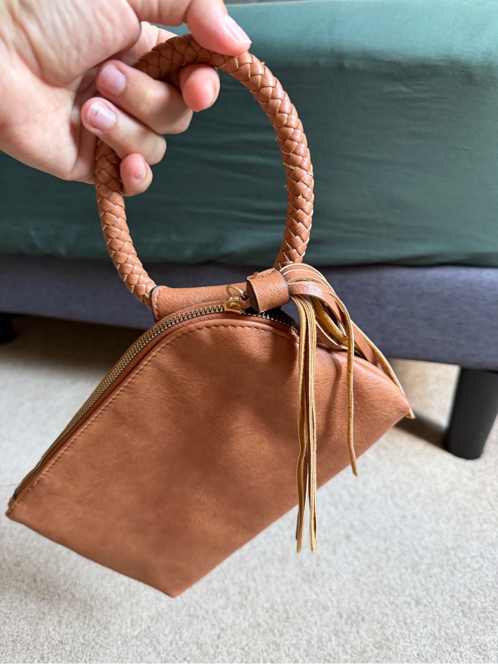 Boho Brown Vegan Leather Wristlet Clutch with Braided Handle & Tassel